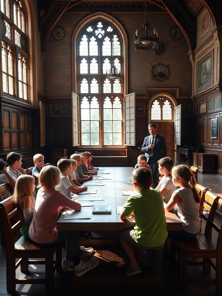 A photograph capturing a group of children participating in a heritage workshop at the Aubepeyre estate, learning about traditional building techniques.