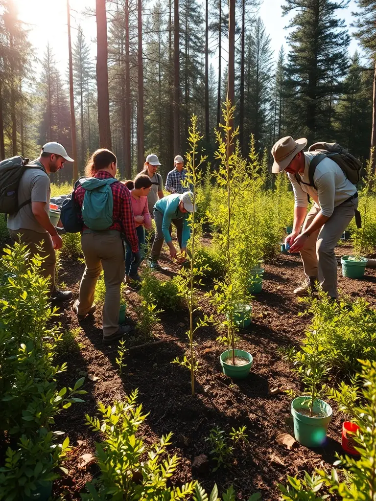 A serene image of volunteers planting native trees along the riverbank at the Aubepeyre estate, showcasing the association's commitment to ecological restoration.
