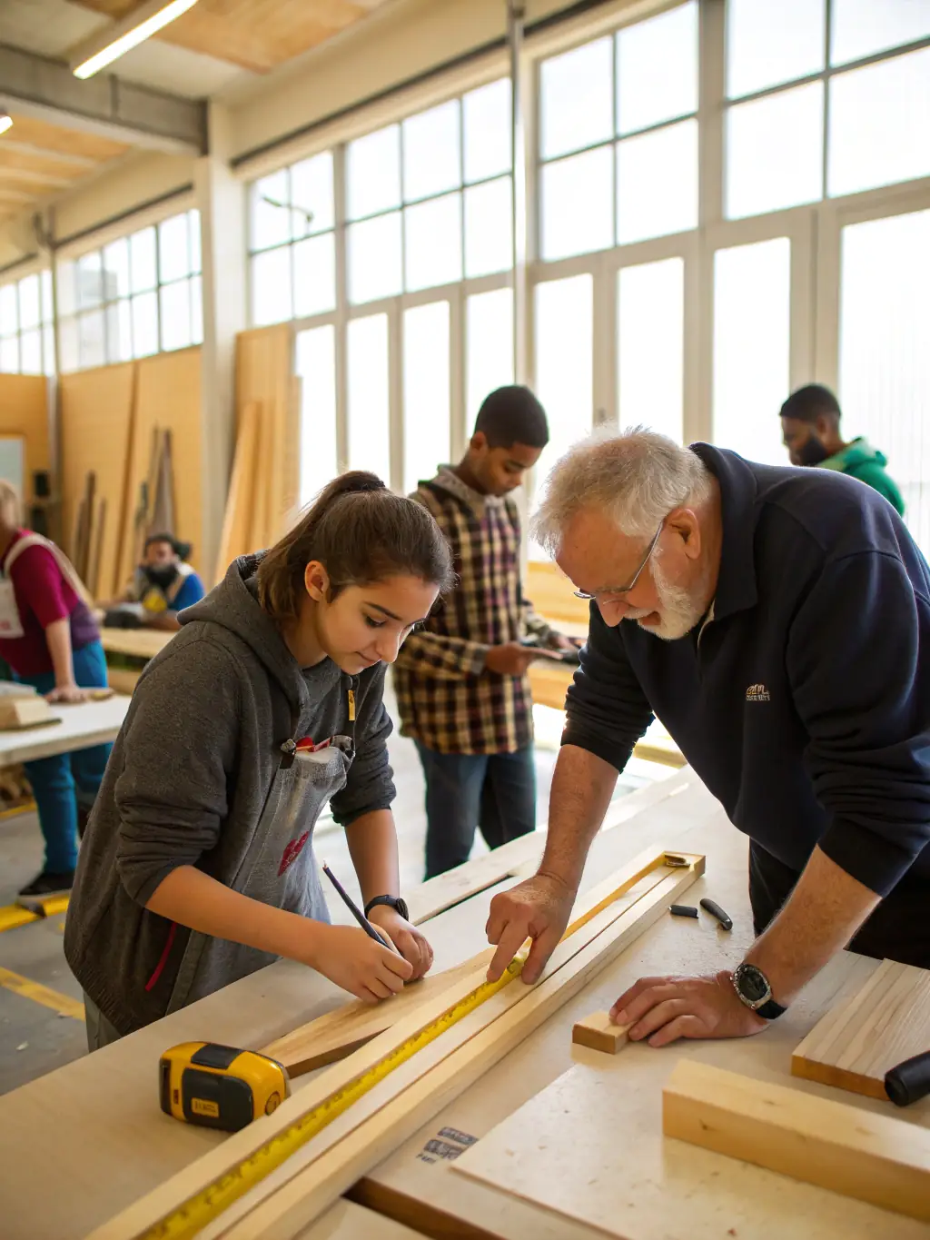 A photo of a workshop where participants are learning traditional building techniques to restore a historical structure on the Aubepeyre estate.