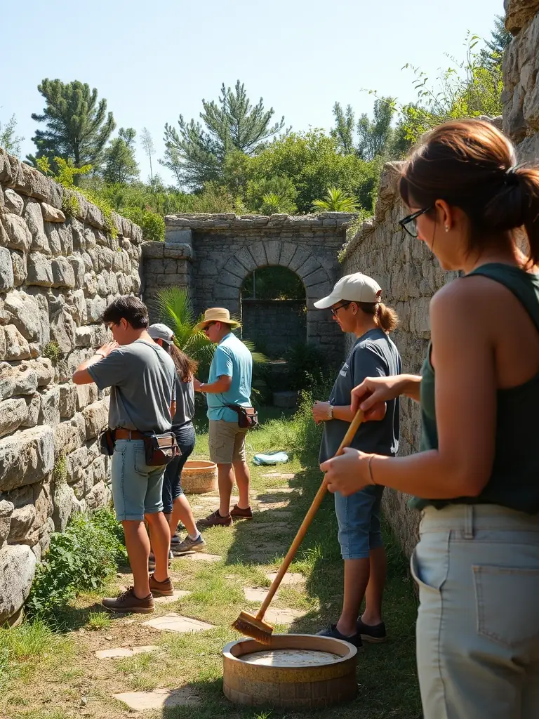 An image capturing the restoration of a historical stone wall on the Aubepeyre estate, illustrating the preservation of cultural heritage and traditional building techniques.
